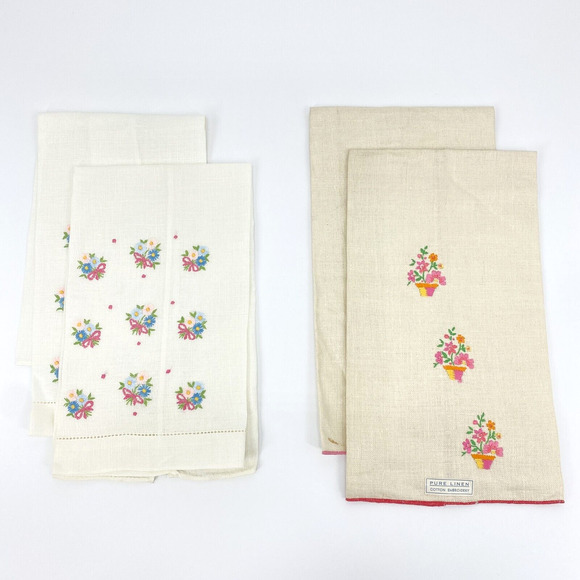 Vintage Linen Napkins Lot of 4 Floral Embroidered Ivory Red Pink - Picture 1 of 16